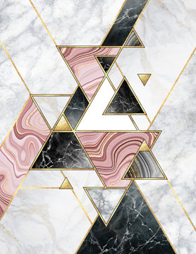 Abstract geometric background. Modern marble mosaic inlay. Black white pink gold triangles. Art deco wallpaper, artificial stone texture.