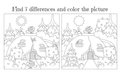 Find seven differences and paint a picture. A house made of an old broken Cup in the woods. Vector