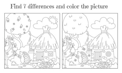 Find seven differences and paint a picture. Hedgehog near the forest hut reaches for fruit. Vector
