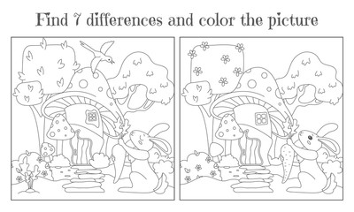 Find seven differences and paint a picture. A mushroom house in the forest and a hare with a carrot. Vector