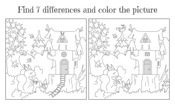 Find seven differences and paint a picture. A house on a stump in the forest and a squirrel with a nut and a mushroom. Vector
