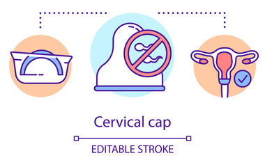 Cervical cap concept icon. Female contraceptive. Birth control device. Preventing unwanted pregnancy. Safe sex idea thin line illustration. Vector isolated outline drawing. Editable stroke