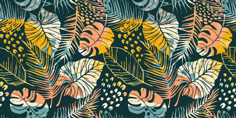 Abstract creative seamless pattern with tropical plants and artistic background. - obrazy, fototapety, plakaty