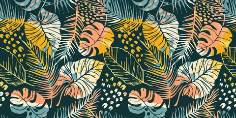 Abstraktes kreatives nahtloses Muster mit tropischen Pflanzen und künstlerischem Hintergrund. © Nadia Grapes