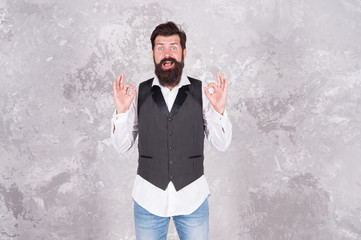 Okay surprise. Surprised guy show ok signs. Bearded man with surprise emotions on unshaven face....