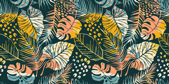 Abstract creative seamless pattern with tropical plants and artistic background. © Nadezda Grapes