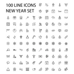 100 New Year thile line icons set. Vector illustrations collection eps10.