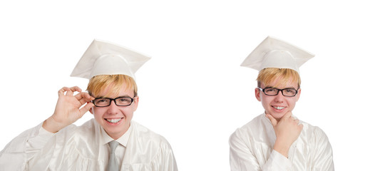 Young male student graduated from high school on white