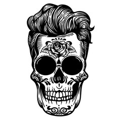 Vector hand drawn illustration of Day Of The Dead Skull. Hipster Skull sugar flower. Skull tattoo isolated on white.