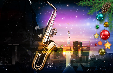 Fototapeta na wymiar Christmas pink music illustration with saxophone player on cityscape of Tallinn background