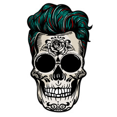 Vector hand drawn colorful illustration of Day Of The Dead Skull. Skull hipster sugar flower. Skull tattoo isolated on white.