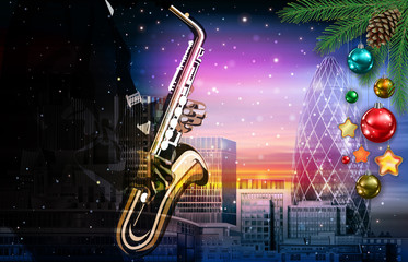 Fototapeta na wymiar Christmas pink music illustration with saxophone player on cityscape of London background