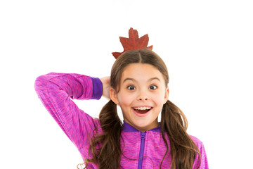 Small girl celebrating fall. Find inspiration in nature. Inspiring season. Good mood. Autumn time. Little girl welcome autumn season. Kid girl cute face hold leaf. Smiling child with autumn leaves