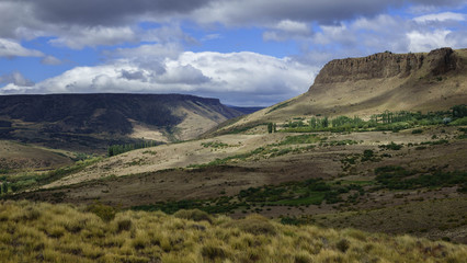 Fototapeta premium Valley of green and fresh grass, behind you can see mountains, poplars and a sky covered with clouds. Argentina, Patagonia