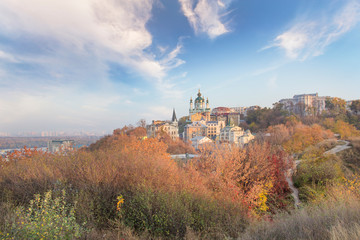 Beautiful view of St. Andrew's Church and St. Andrew's Descent in Kyiv, Ukraine
