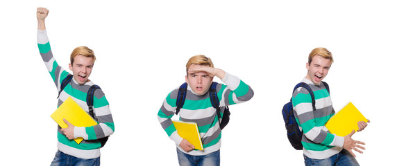 Funny student with books isolated on white