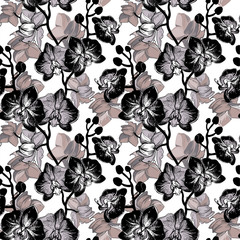 Elegant floral seamless pattern with Orchid tropical flowers blossom on branches. Hand drawn botanical black and white monochrome background for textile, fabric, wedding printing. Japanese style.