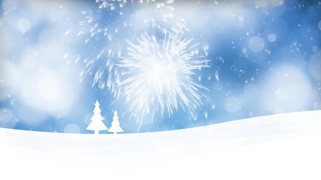 Winter snowy scene with fireworks animation background.