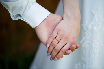 gold wedding rings in the hands of the newlyweds