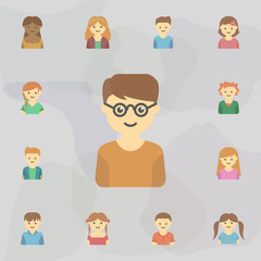 avatar of boy with glasses colored icon. Universal set of kids avatars for website design and development, app development