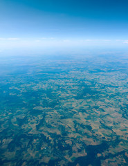 aerial landscape view of Europe, England and blue sky from plane