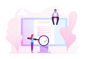 Online Contract Signing Concept. Tiny Woman Reading Document with Digital Signature on Huge Pc Screen through Huge Magnifying Glass. Man with Laptop Sitting on Monitor Cartoon Flat Vector Illustration
