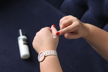 Woman Hand With Cream. Closeup Beautiful Chubby Hands With Natural Manicure Nails Applying Cosmetic Moisturizing Hand Lotion On Soft Silky Skin. Beauty And Body Care Concept