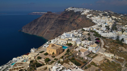 Aerial drone photo of Fira main village of Santorini island with breathtaking views to Caldera and...