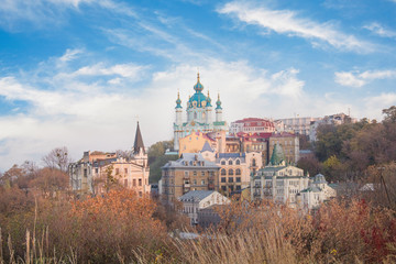 Beautiful view of St. Andrew's Church and St. Andrew's Descent in Kyiv, Ukraine