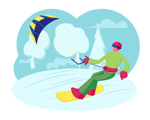 Sportsman Snowboarder in Colorful Wear, Helmet and Goggles Holding Kite Riding Fast by Icy Surface. Winter Time Outdoors Activity, Resort Sports Recreation, Adventure. Cartoon Flat Vector Illustration