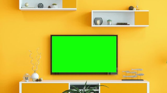Interior of yellow room with TV and sofa with  track green screen