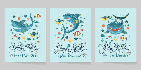 Fototapeta premium Cartoon Vector Shark Illustration - Sea Fish Card Set. Ocean AnimalFamily Collection with lettering quotes - Baby Shark - Mommy shark - Daddy shark. Trendy design for cute t shirt.