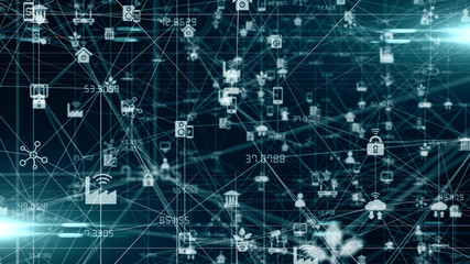 Digital age connected network nodes Internet of things IOT cloud computing - render illustration