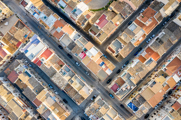 aerial top view from dron of streets and roofs of houses of Castellammare del Golfo, Sicily
