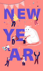 2020 New Year Celebration Concept. Tiny Male and Female Characters Decorating Huge White Mouse Symbol of Traditional Chinese Calendar Poster Banner Flyer Brochure. Cartoon Flat Vector Illustration