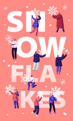Snowfall Concept. Happy People Shoveling and Removing Snow from Street Using Shovel and Snowblower for Cleaning Road. Winter Time Activity Poster Banner Flyer Brochure Cartoon Flat Vector Illustration
