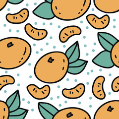 Winter seamless vector pattern. Christmas doodle cartoon illustration with sweet tangerine. Mandarin slices.