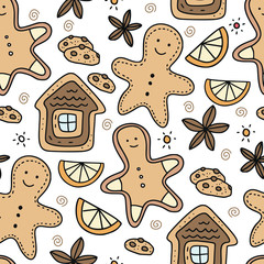 Winter seamless vector pattern. Christmas doodle cartoon illustration with tasty handmade cookies - house, gingerbread, mandarin slice, star anise