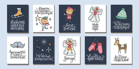 Winter and Christmas vector card set. Calligraphy lettering greeting text and cartoon doodle holiday illustrations. Happy New year poster collection.