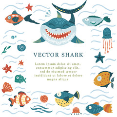 Cartoon Vector Shark Illustration. Sea Fish Ocean Animal Card with Place for Your Text.