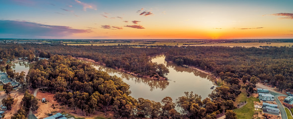 Murray River bend at sunset - aerial panorama - obrazy, fototapety, plakaty