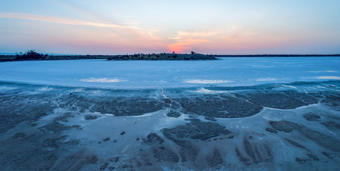 Salt lake in Australian desert at dusk - aerial panorama