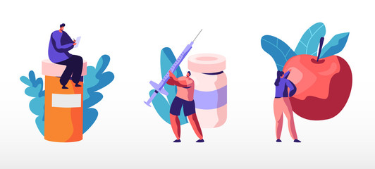 Diabetes Disease Set. Tiny People with High Sugar Level in Blood Concept. Mallitus Illness Treatment with Insulin Injection Lifestyle. Diet Control Therapy Awareness Cartoon Flat Vector Illustration