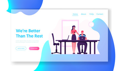 Teamwork Process Website Landing Page. Businesswoman with Coffee Stand near Man Sitting at Desk Working on Laptop in Office. Colleagues Communicate Web Page Banner. Cartoon Flat Vector Illustration