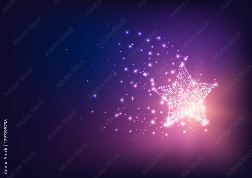 Wall mural futuristic magical bright glowing star with stardust on dark blue to purple gradient background.