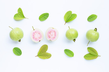 Fresh ripe guava and slices with leaves. Top view