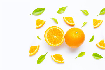 High vitamin C, Juicy and sweet. Fresh orange fruit with green leaves  on white.
