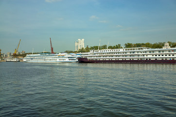 Moscow, Russia - September 8, 2018: North river port, view of the moorings and cruise ships. Khimka River, Moscow Canal..