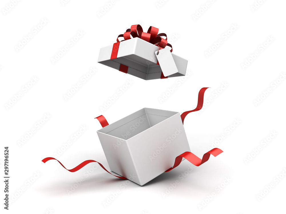 Aufkleber white present box or blank gift box with red ribbon bow and blank tag open isolated on white backgro