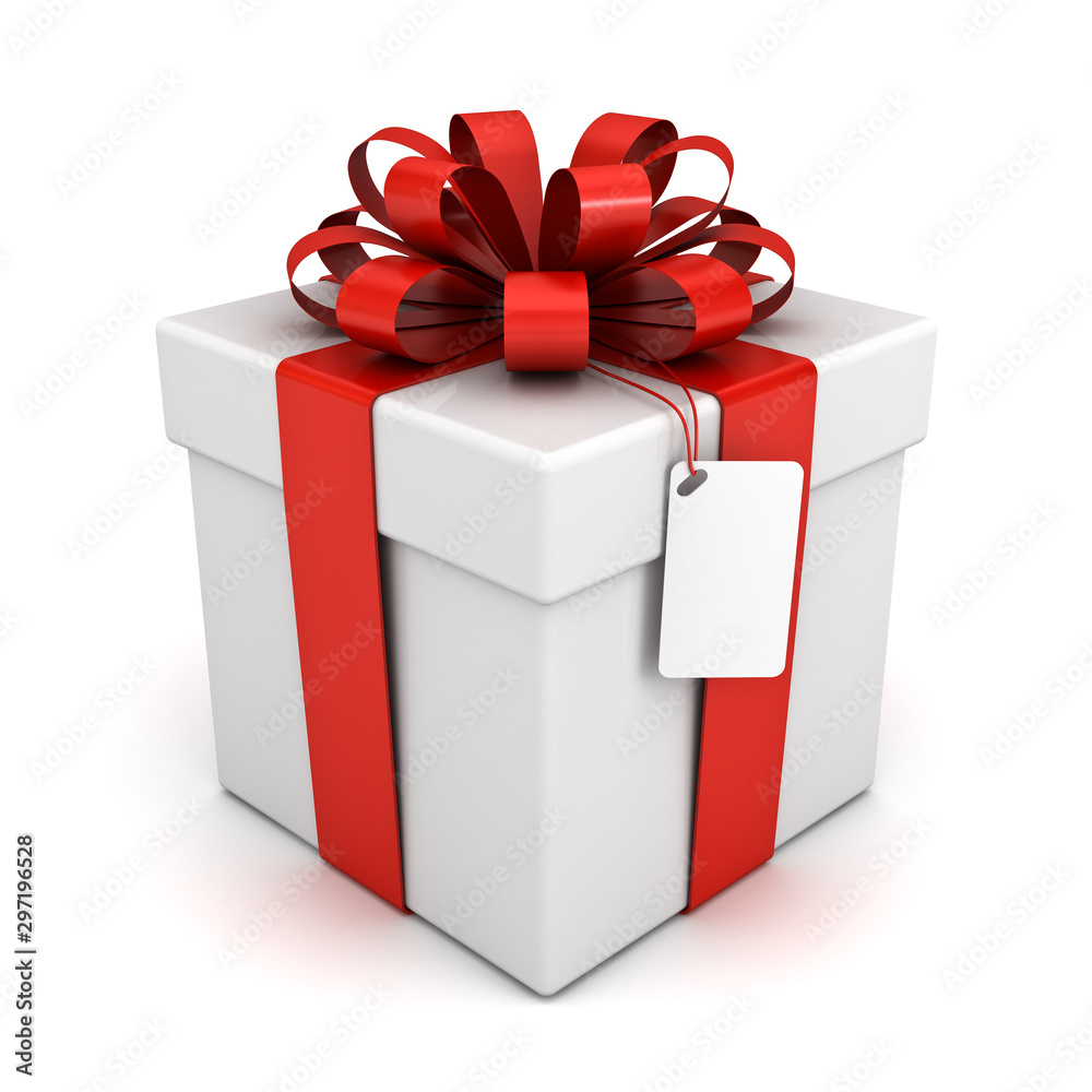 Poster White present box or gift box with red ribbon bow and blank tag isolated on white background with shadow 3D rendering
